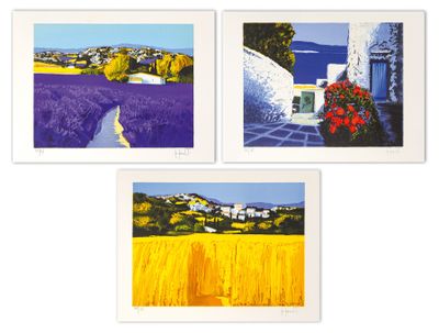 trois tableaux représentant un paysage avec un champ jaune et un ciel bleu
