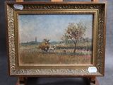 une peinture à l'huile représentant une calèche tirée par des chevaux dans un champ