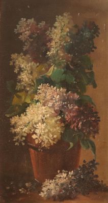 peinture d'un vase de fleurs sur une table dans une pièce