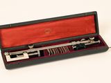 a silver pipe in a red case on a white surface
