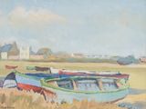 un tableau représentant deux bateaux au bord de l'eau