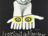 a black and white poster with two hands holding two yellow eyes