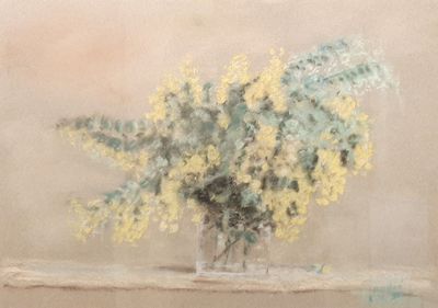 a painting of a vase with yellow flowers on a table