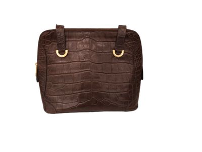 brown leather handbag on white background with clipping for text