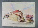 an image of a watercolor painting of a building with a red roof
