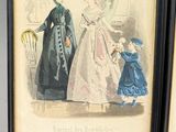 two framed prints of women in formal dresses and a child in a blue dress