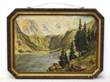 une peinture à l'huile représentant une scène de montagne avec un lac au premier plan