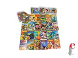 a pile of comic books on a white background