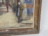 a painting of a woman walking down the street