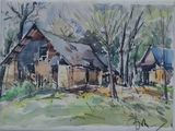 une aquarelle représentant une maison dans les bois