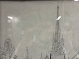 une photo d'un dessin représentant une église dans une ville
