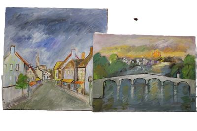 two paintings of a street with buildings and a bridge in the distance