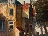 a painting of people standing outside of a building