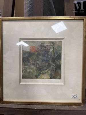 tableau représentant un paysage avec un ballon rouge, dans un cadre doré