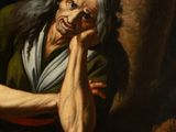painting of an old woman sitting in a wooded area with her hand on her face