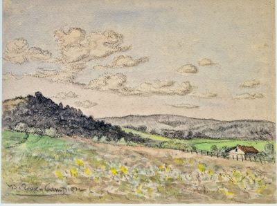 l'image d'une peinture représentant un champ avec une maison au loin