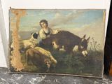 un tableau représentant une femme avec un âne et des moutons