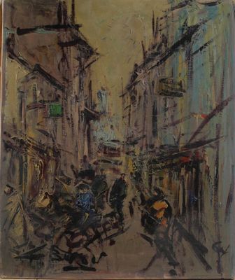 painting of a street scene with a horse and buggy in the foreground