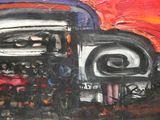 une peinture représentant un camion rouge orné d'un motif noir et blanc