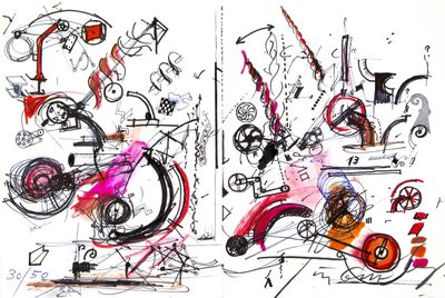 sketches of a drawing of a motorcycle and a scooter on a white background