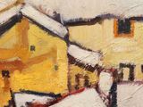 an oil painting of a snow covered village with a horse drawn carriage