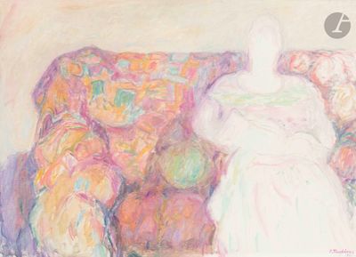 peinture au pastel représentant une femme assise sur un canapé, un bébé dans les bras