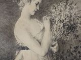 drawing of a woman in a dress holding a bunch of flowers