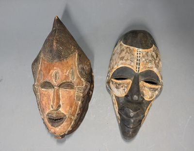 deux masques en bois posés sur une table