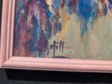 a painting on the wall of a building with a clock on it