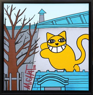tableau représentant un chat jaune sur une clôture, avec un arbre en arrière-plan