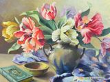 a painting of flowers in a vase on a table