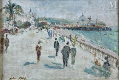 tableau représentant des personnes marchant sur une promenade au bord d'un plan d'eau