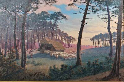 une photo d'un tableau représentant une cabane dans les bois