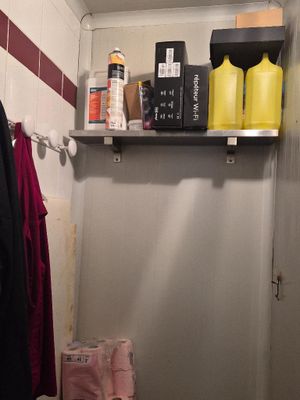 a small bathroom with a toilet and a shelf above the toilet