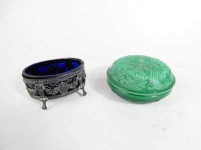 pair of green and blue glass dishes on stand