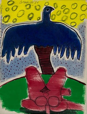 painting of a blue bird sitting on top of a pink flower