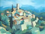 an oil painting of a small village on a hill with a blue sky in the background