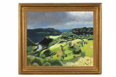 an oil painting of a landscape with hills and houses in the distance