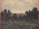 l'image d'une peinture d'un champ avec des arbres en arrière-plan