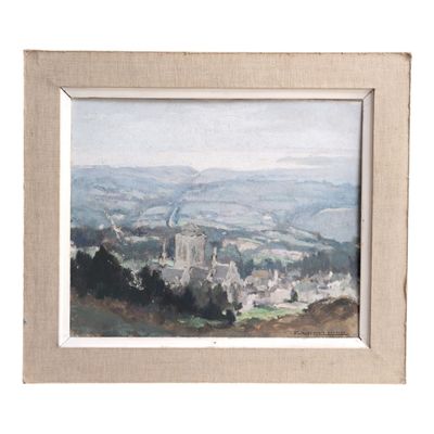 une peinture à l'huile représentant une vue d'une ville avec un château au loin
