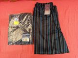 the pants are black and blue with stripes on them