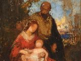 un tableau représentant un homme et une femme tenant un bébé dans leurs bras, au milieu d'un paysage