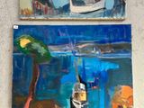 two paintings of a boat and a boat on a beach