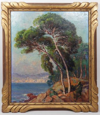 une image représentant un tableau d'un arbre sur une falaise au bord de l'eau