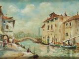 peinture représentant un tableau représentant un canal avec un pont en arrière-plan