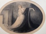 drawing of a woman in a white dress standing in front of a mirror