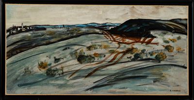 an image of a painting of a landscape with hills in the background