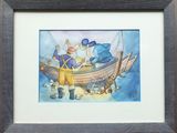 a picture of a painting of a man and a dog in a boat