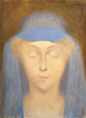 une image représentant un tableau d'une femme aux cheveux bleus