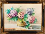 an oil painting of a vase of flowers on a table